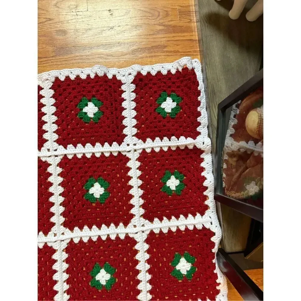 Handmade Red Green & White Christmas Colors Granny Square Crochet Throw Blanket